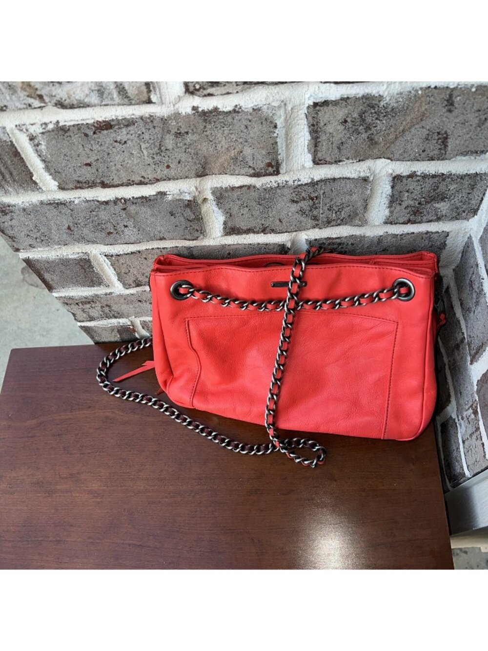 REBECCA MINKOFF Mini M.A.C. Crossbody Handbag Orange Chain Strap Leather Purse